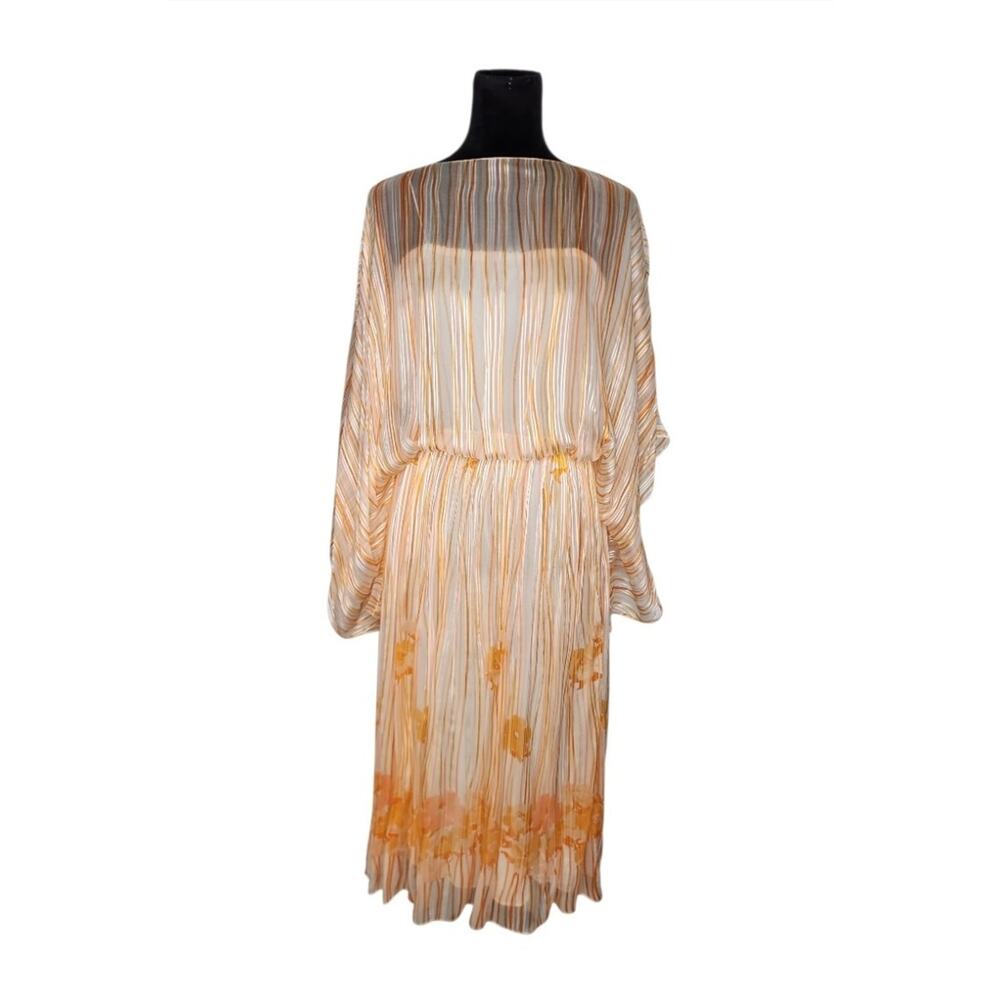 VTG 70s 80s JULIO 100% Silk Floral Stripe Chiffon Midi Dress Kimono No Size